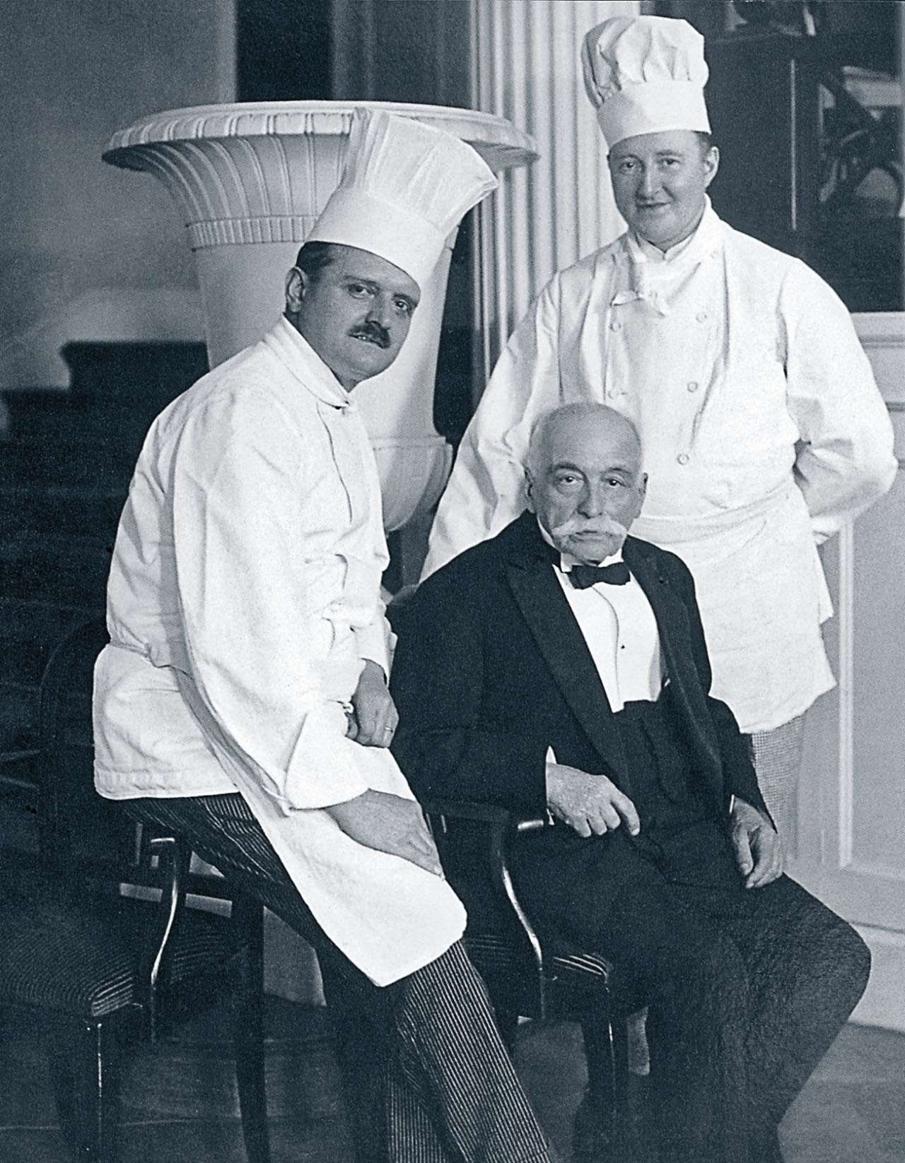 Auguste Escoffier in Hotel Baur au Lac in Zürich in 1830 with two of his students.