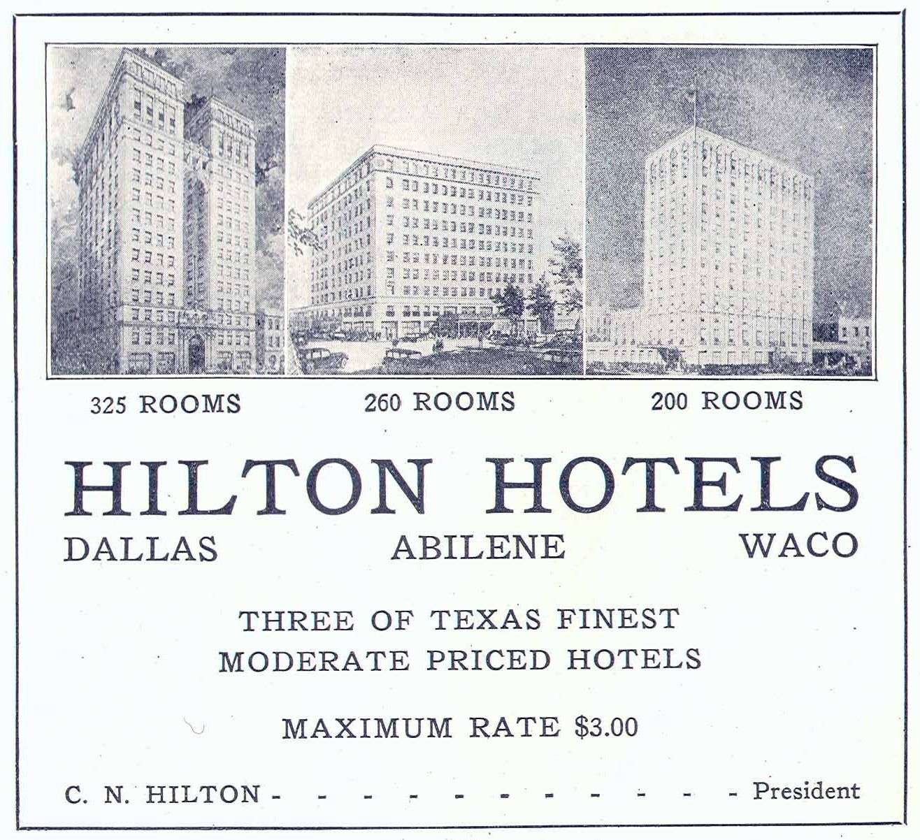 An advertisement of three Hilton hotels: Dallas, Abilene and Waco.
