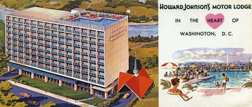 A multi-story Howard Johnson's hotel in Washington with a swimming pool on the roof.